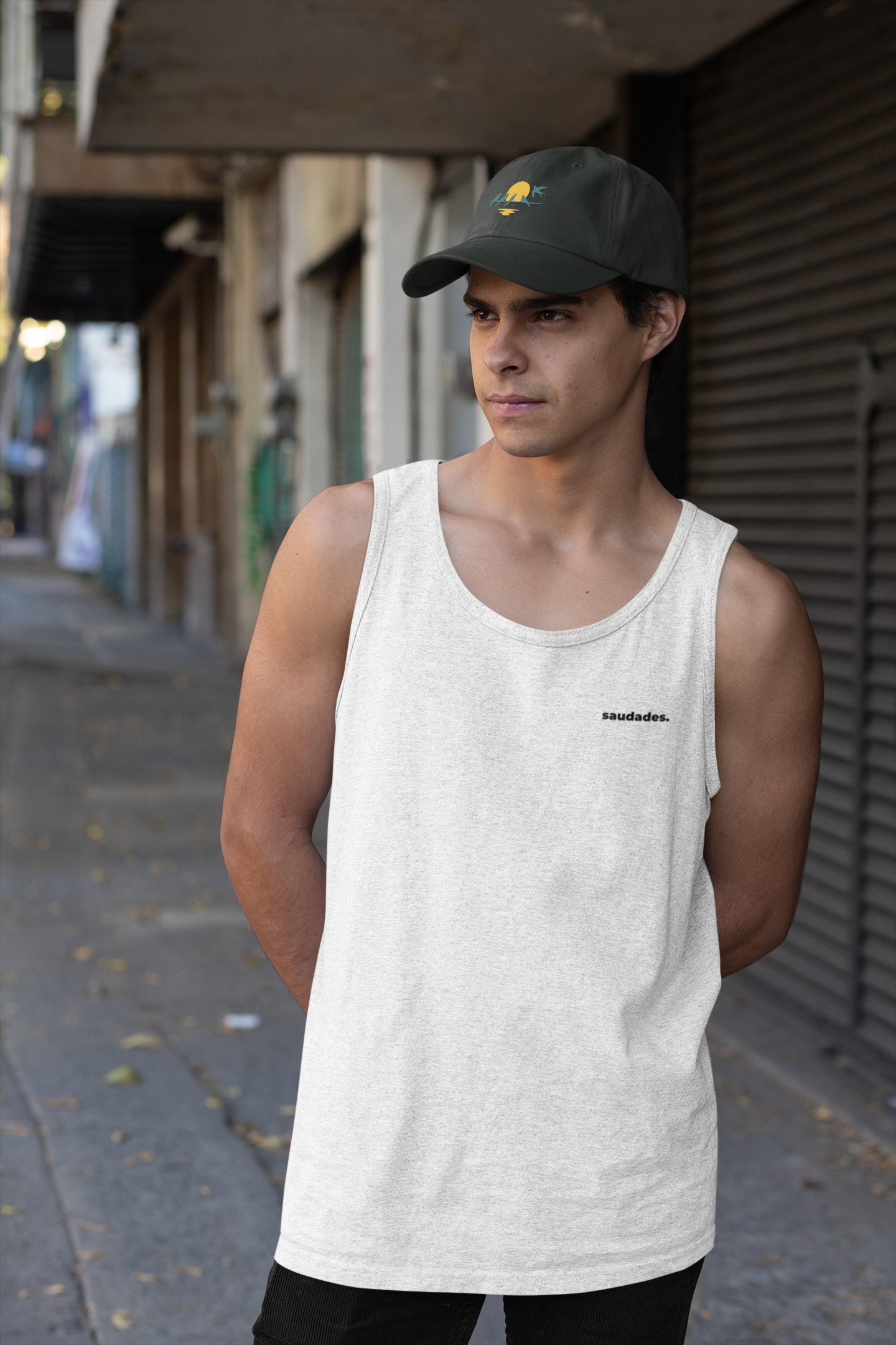 Minimal saudades logo on cotton tank.