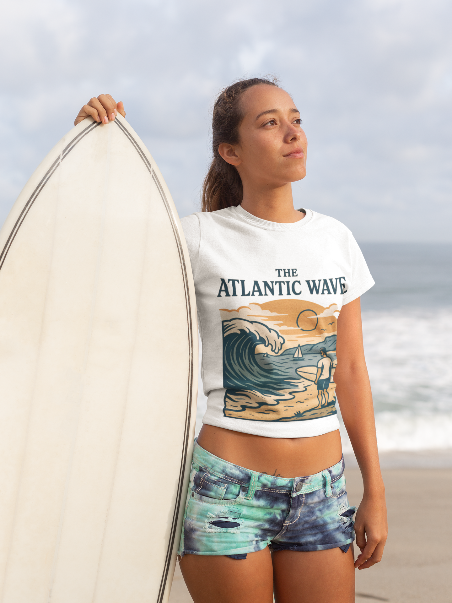 Close-up of retro “The Atlantic Wave” print, eco-ink design.