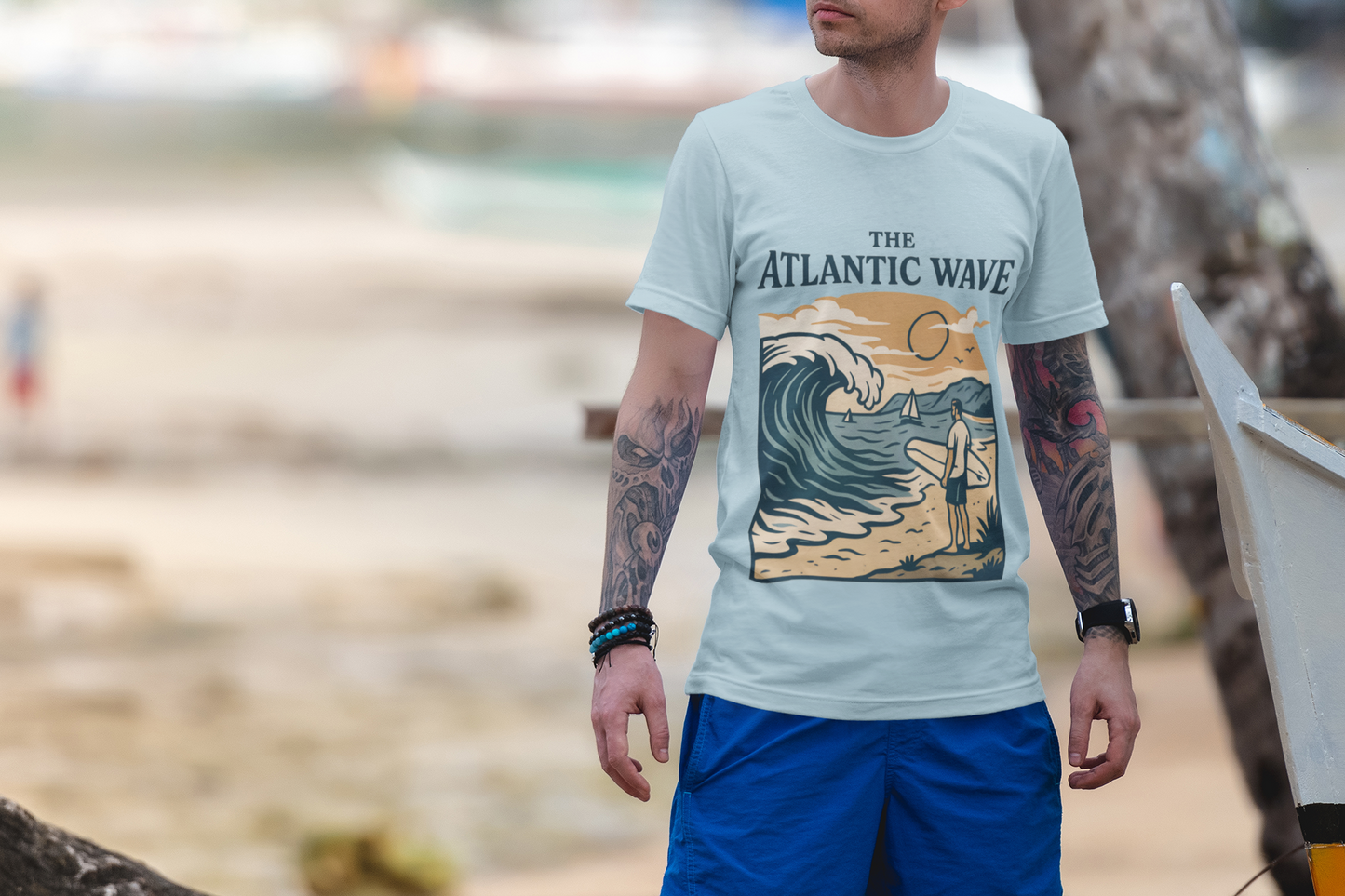 Close-up of the The Atlantic Wave surf print, eco-friendly ink.