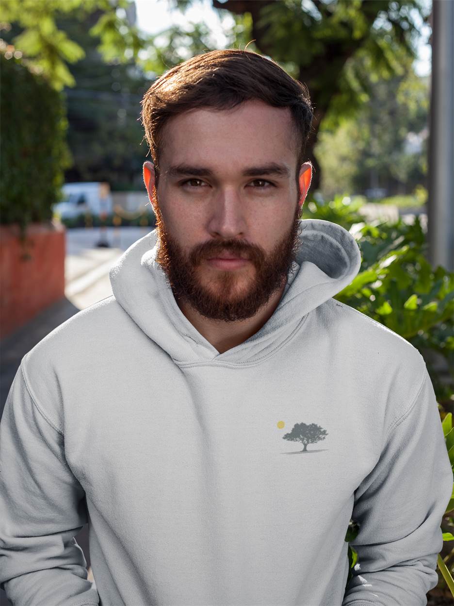 Evora Sunset Minimal Organic Hoodie in light gray, featuring a small embroidered oak tree logo. Ethically made, unisex, and perfect for nature lovers.