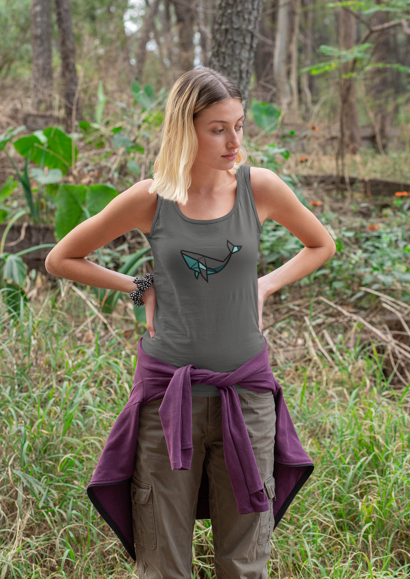 Stylish beach-ready organic whale tank for men and women.