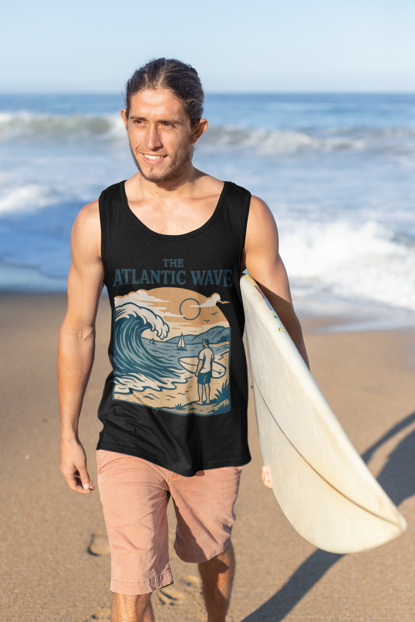 Folded shirt with bold surf typography.