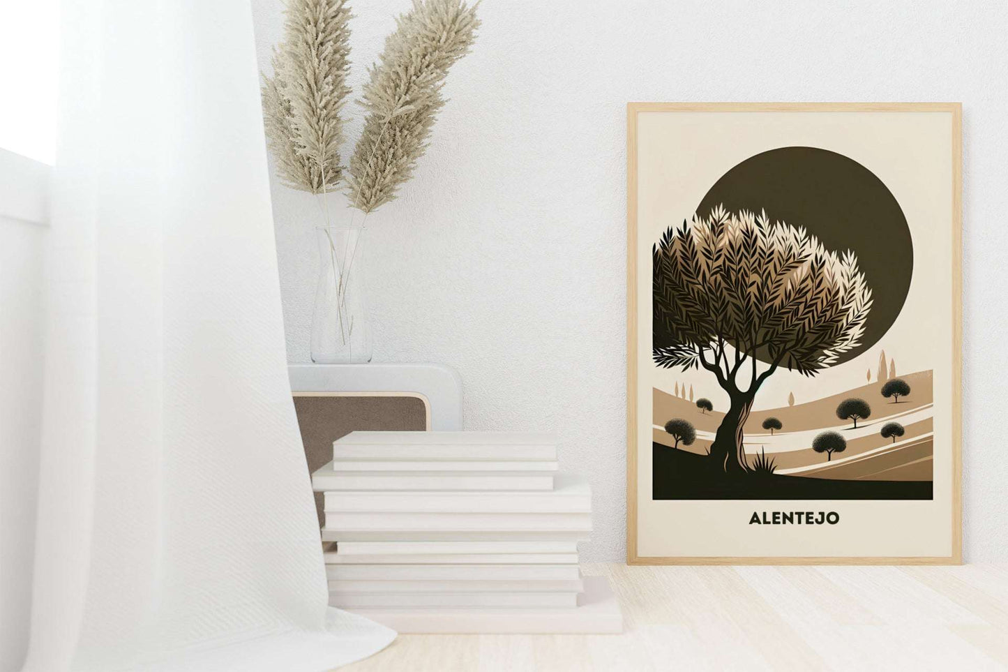 Alentejo Cork Tree Printed Poster in a wooden frame leaning against a white wall. A warm and elegant decor piece for cozy interiors.
