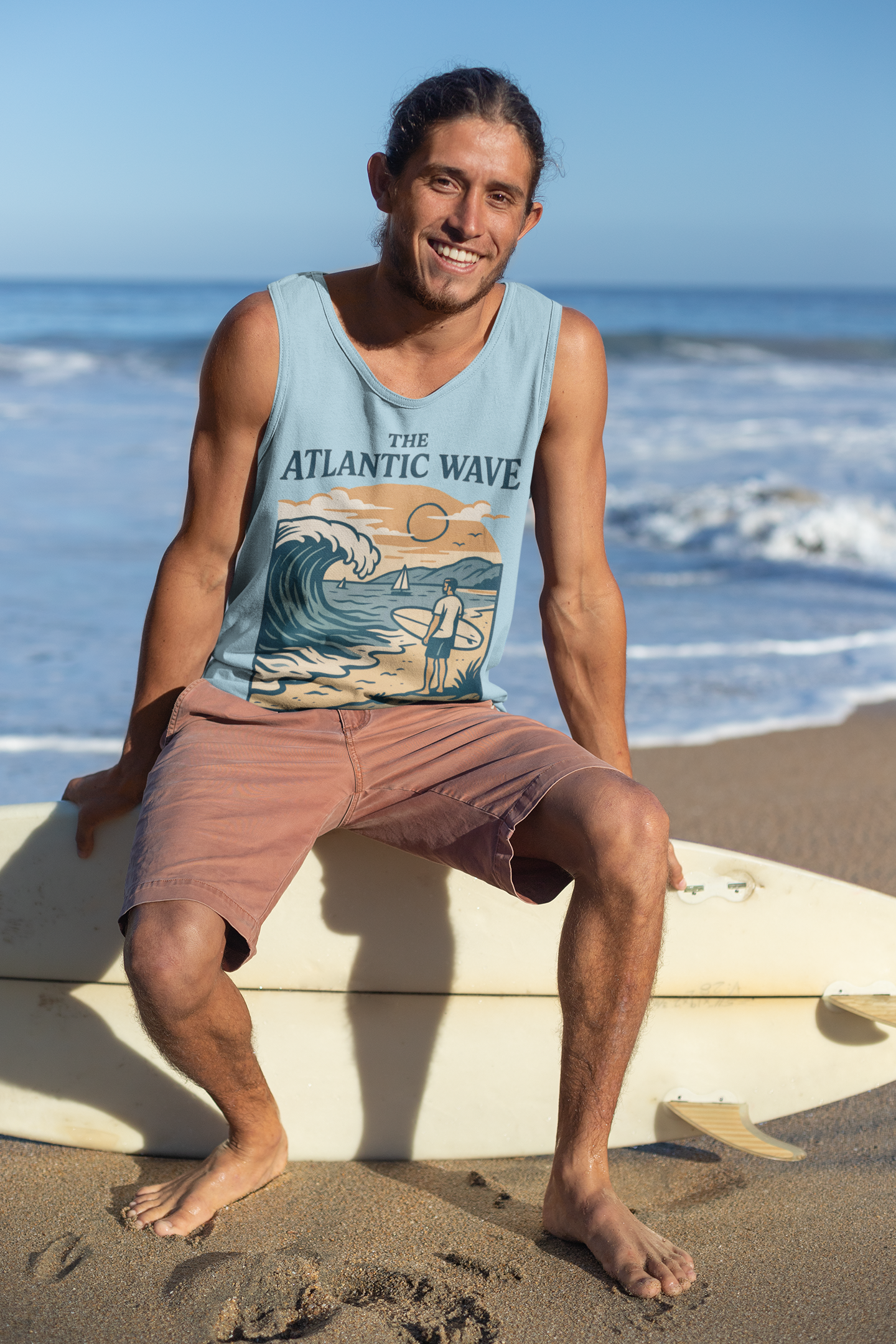 Model wearing tank by the Portuguese coastline