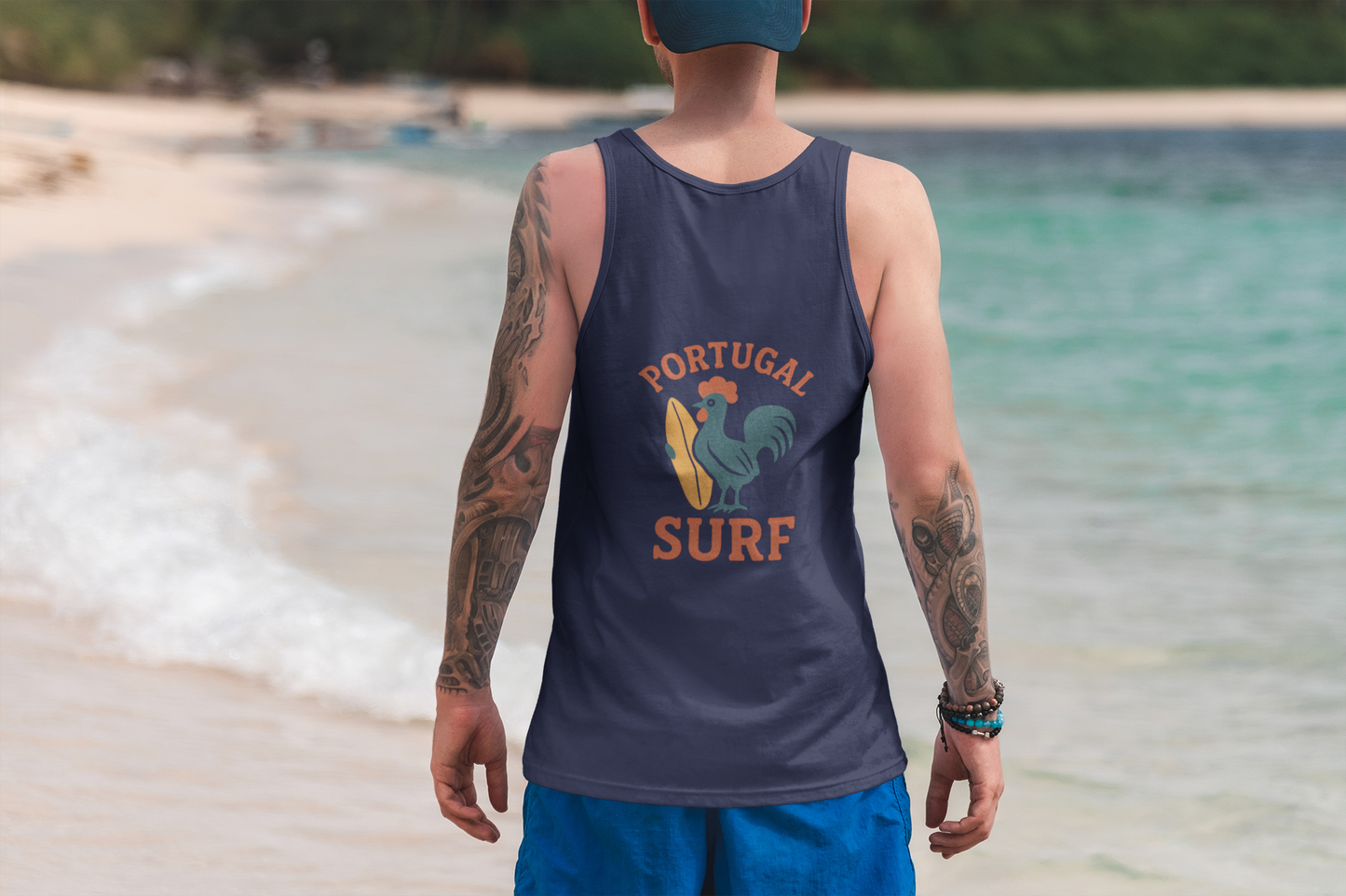 Model wearing the organic Portugal surf tank top.