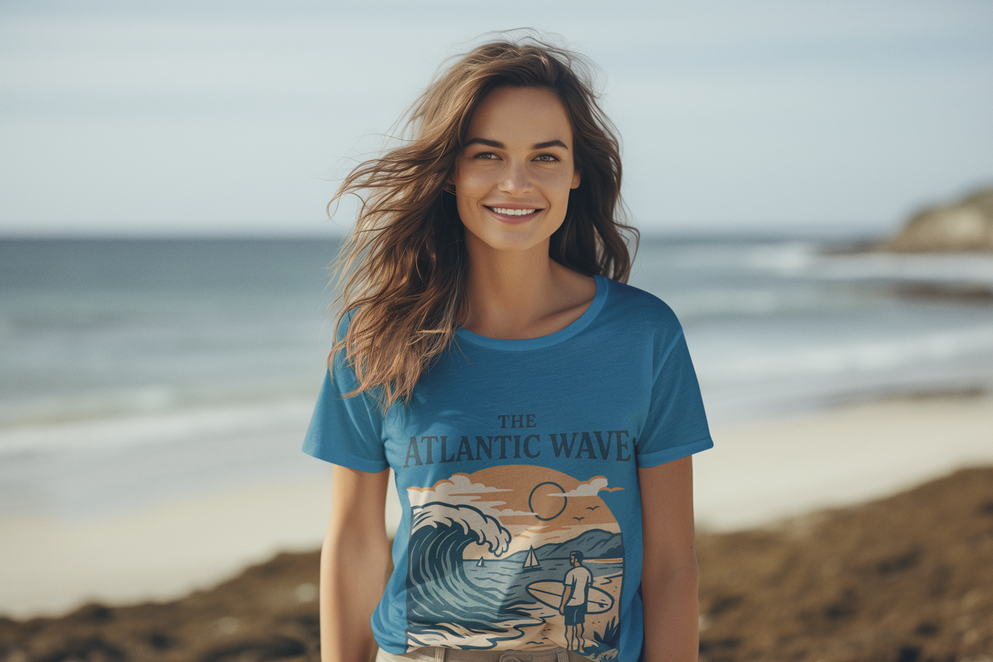 Model wearing The Atlantic Wave shirt, coastal inspired.