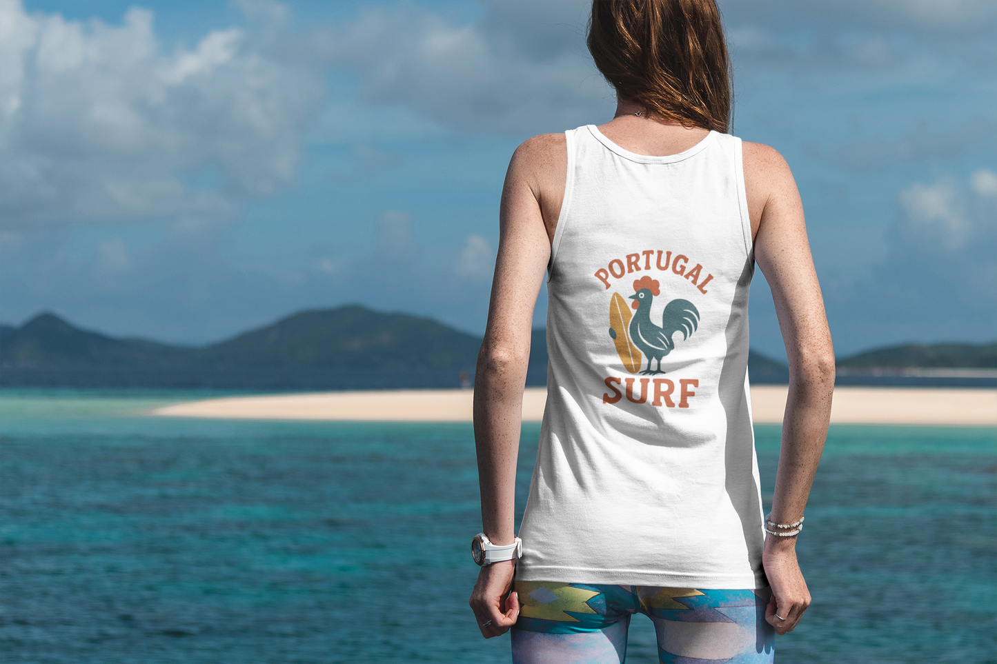 Front view of the Surfing Galo Tank Top, women's organic surf shirt.