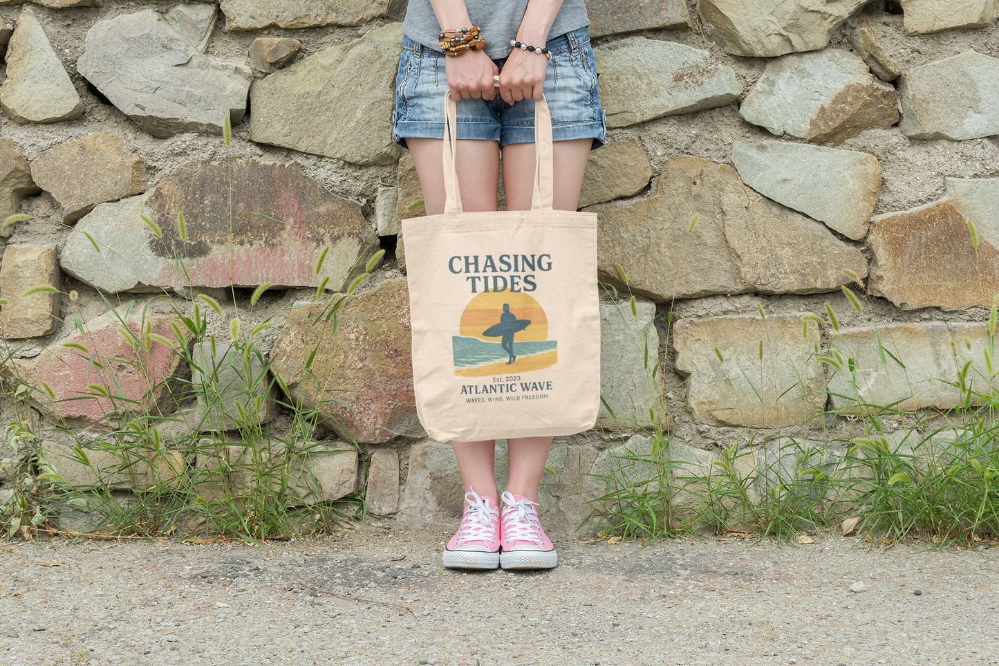 Folded retro-style surf tote, ideal for travel or storage.