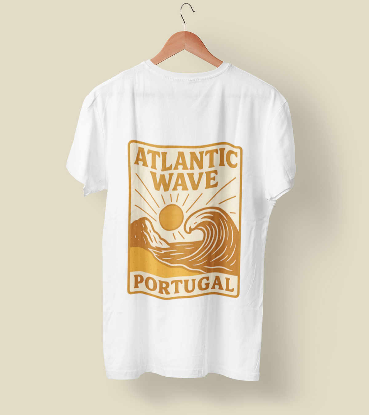 White organic cotton T-shirt with crew neck, golden "Atlantic Wave Portugal" graphic, eco-friendly gift.