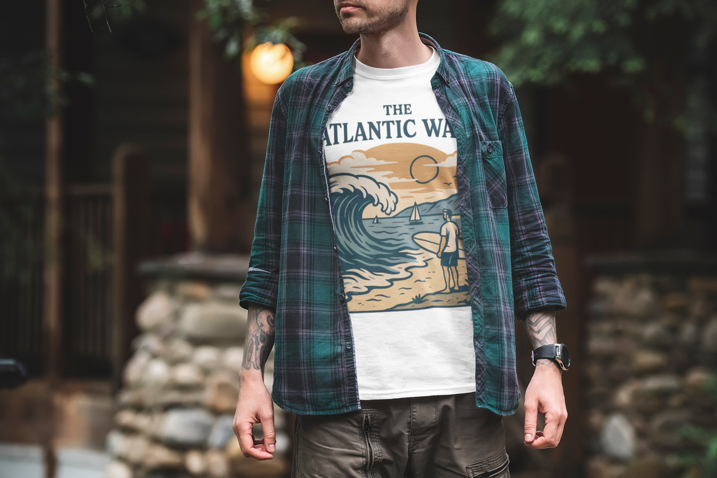 Styled with beachwear and surfboard in view.