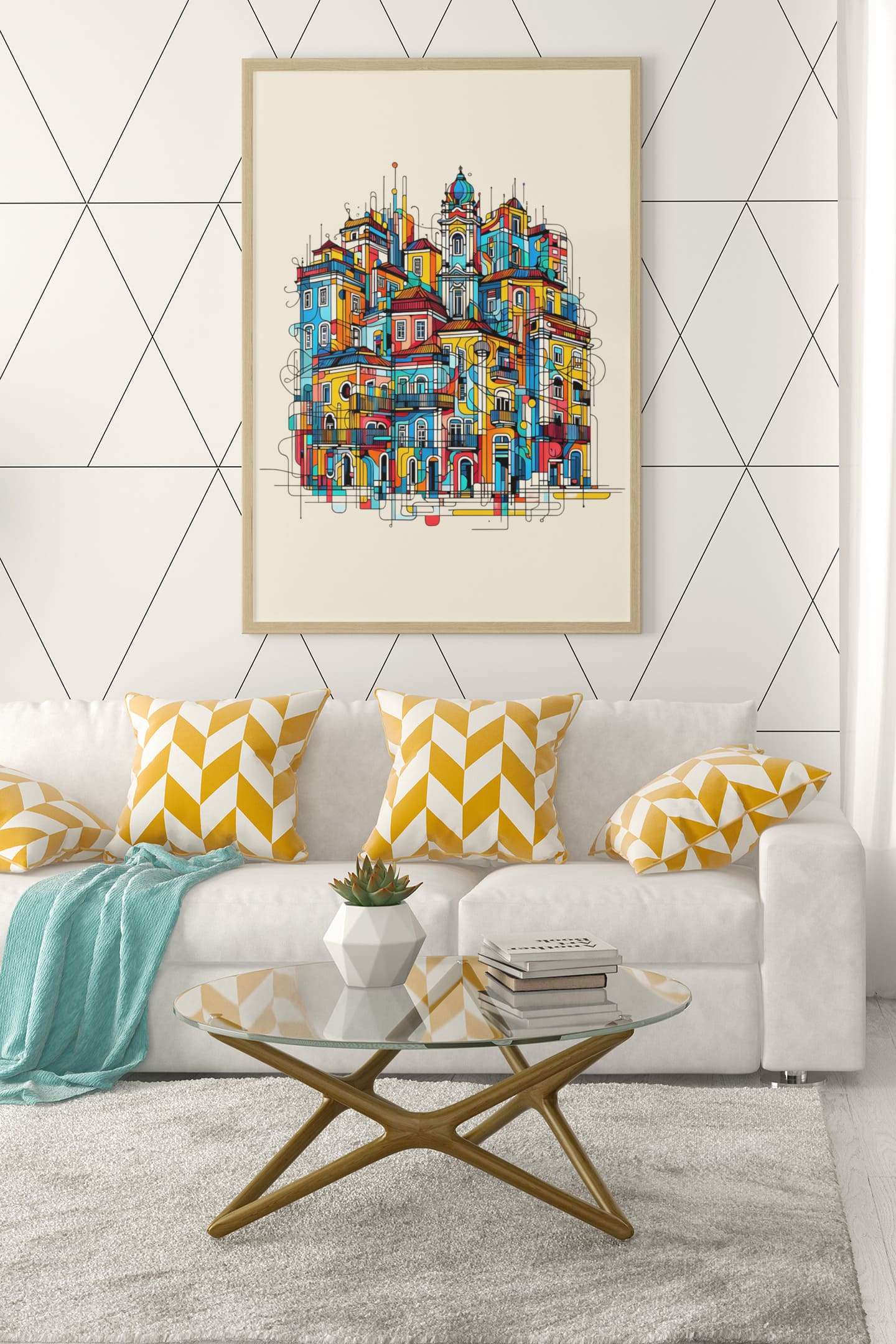 Porto Traditional Houses Poster in a wooden frame, beautifully styled above a modern sofa with geometric-patterned pillows for a chic interior.