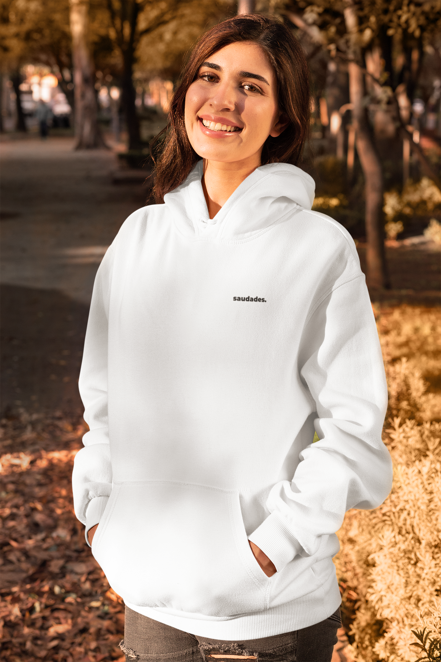 Back view of Saudade hoodie showing plain cotton blend fabric