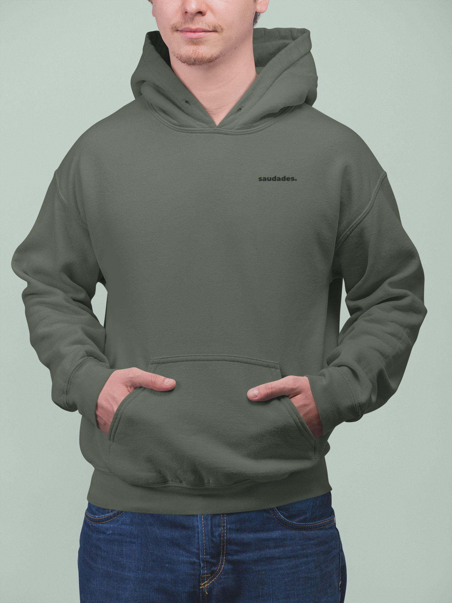 Minimalist Saudade Portugal hoodie paired with jeans for casual look