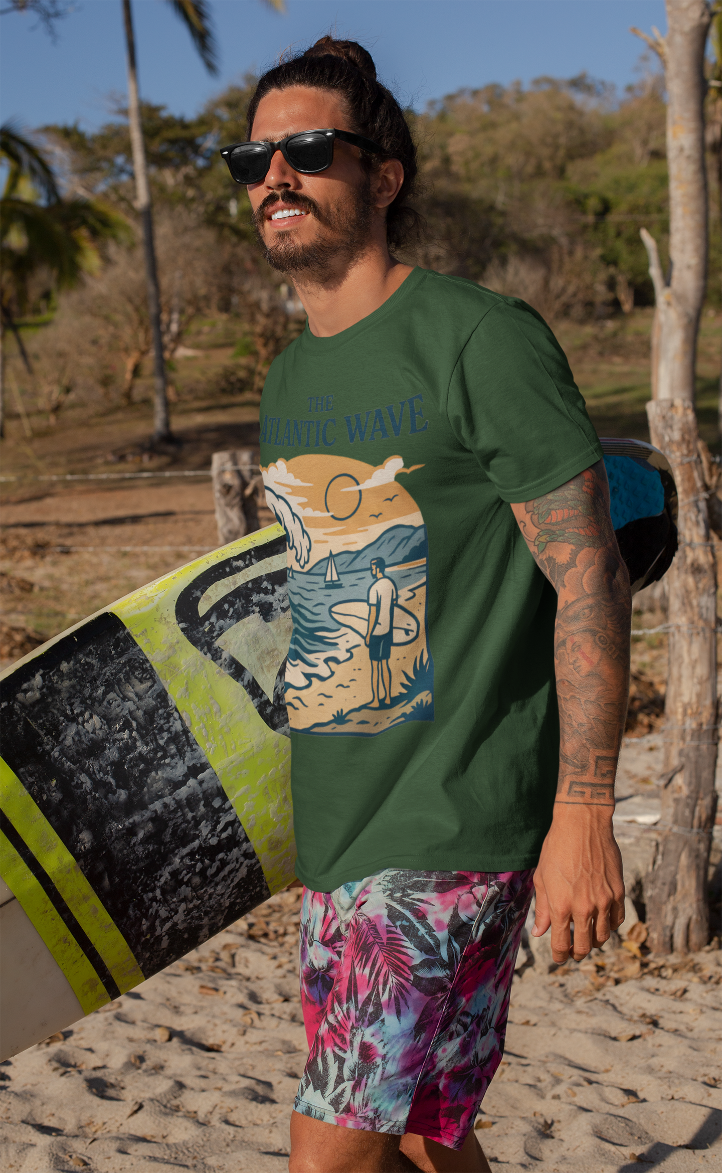 Coastal lifestyle outfit with surf culture tee.