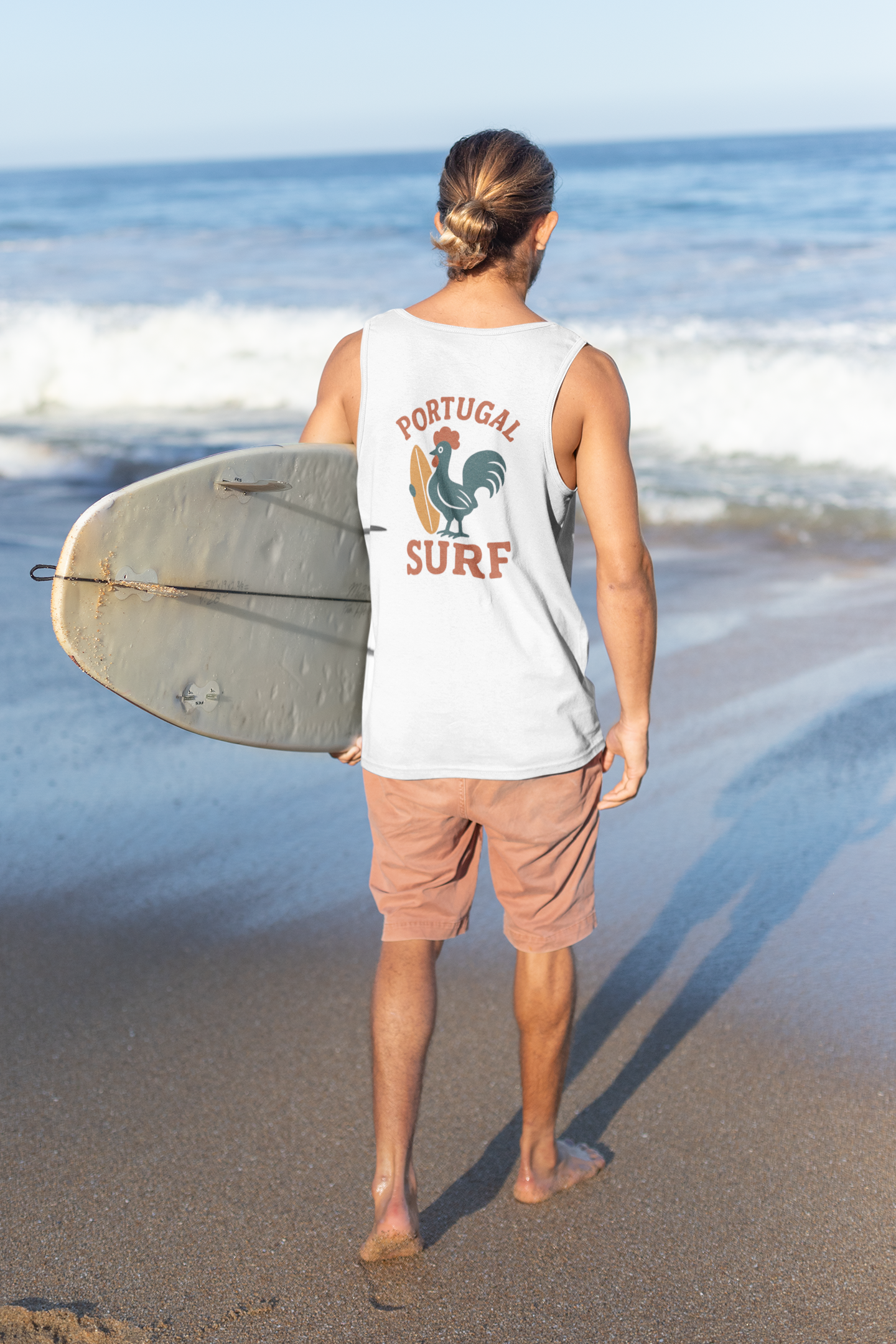 Laid-back surf trip look with organic rooster surf shirt.