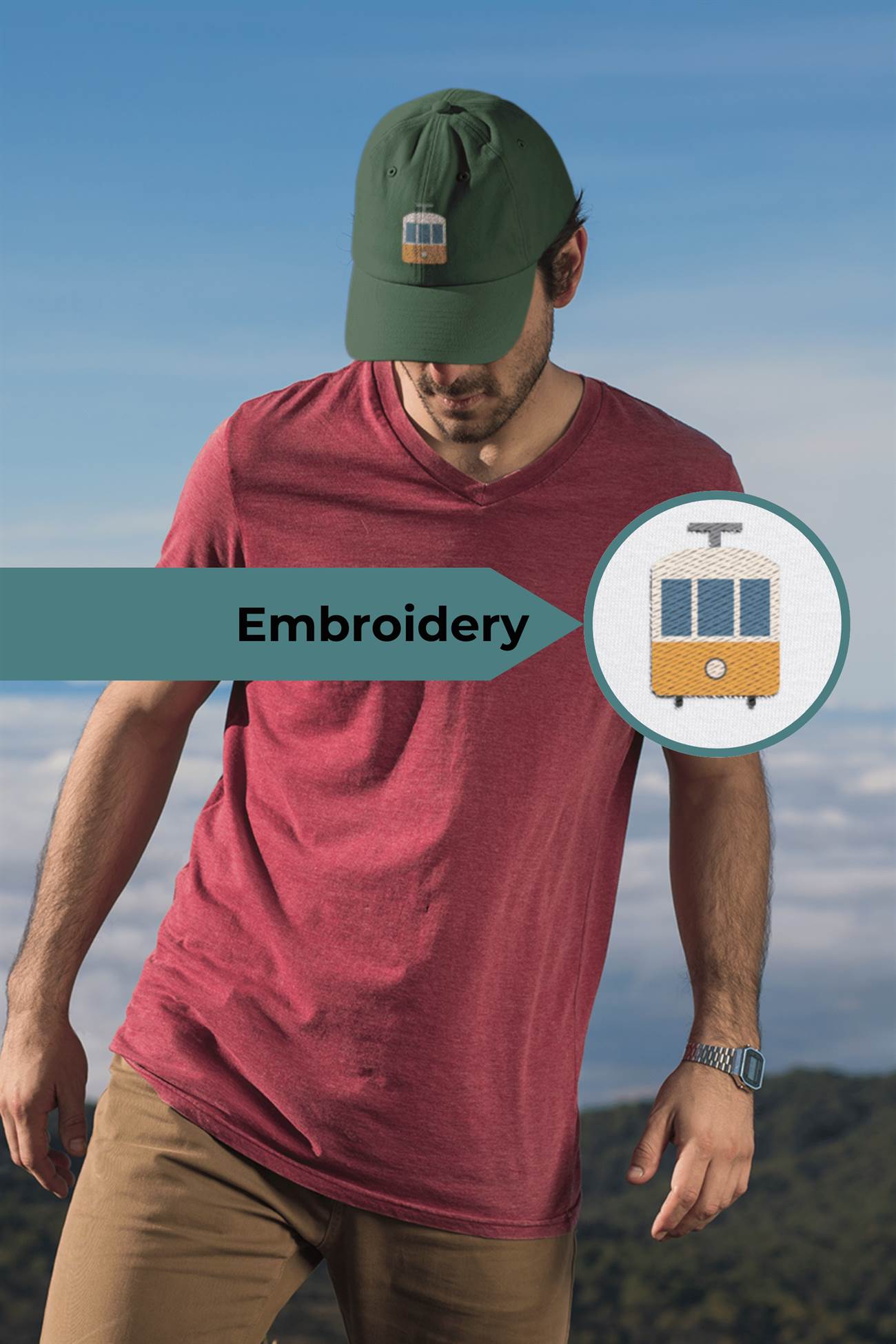 Green Lisbon Tram Cap with detailed embroidery view, worn by a man outdoors. A stylish unisex cap celebrating Lisbon's iconic tram heritage.