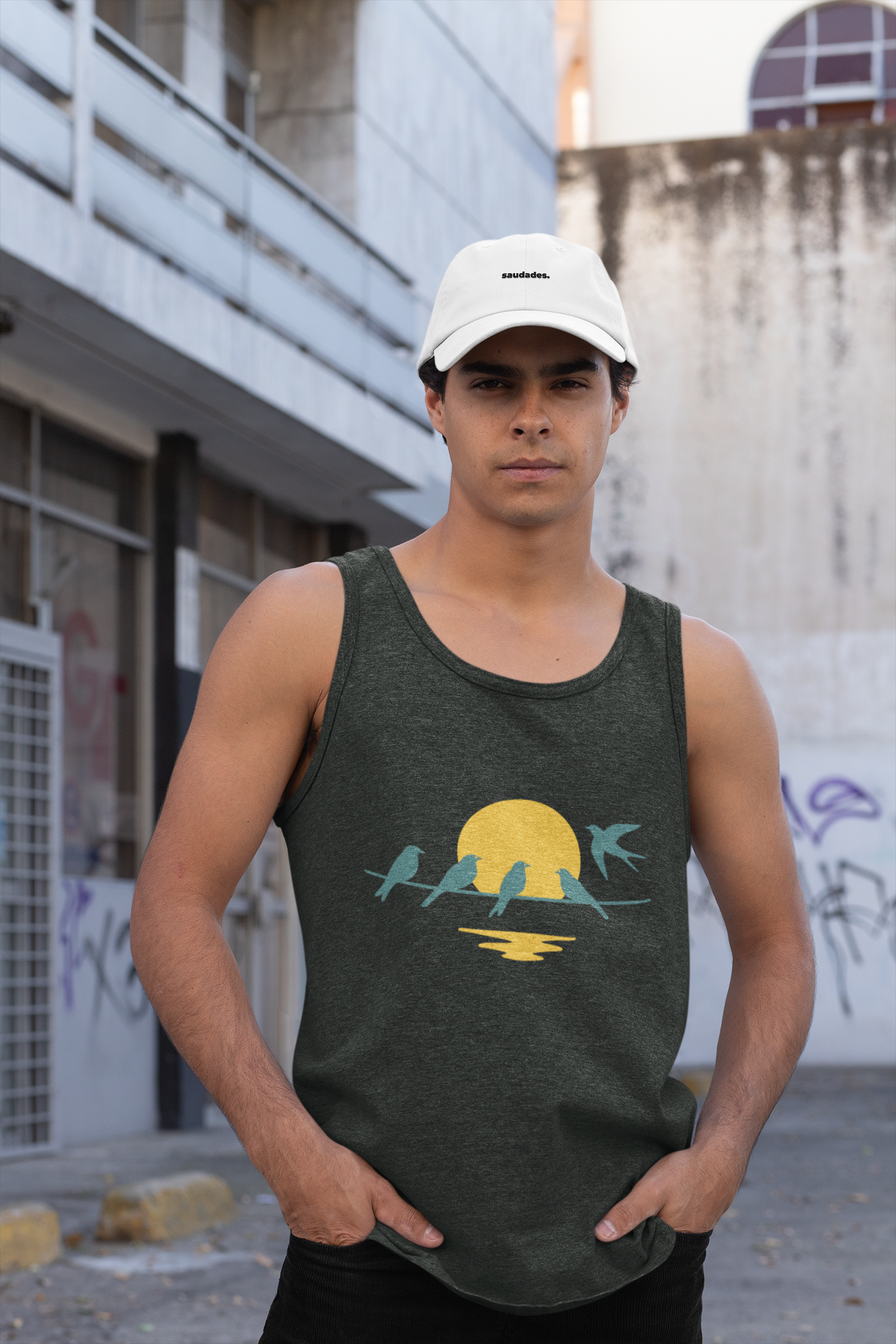 Sunset-inspired shirt with swallow motif.
