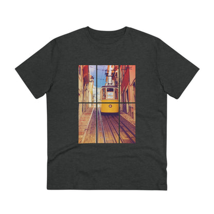 Charcoal Lisbon Tram T-shirt showcasing the iconic yellow tram design. Made from organic and eco-friendly fabric for a stylish and sustainable wardrobe.