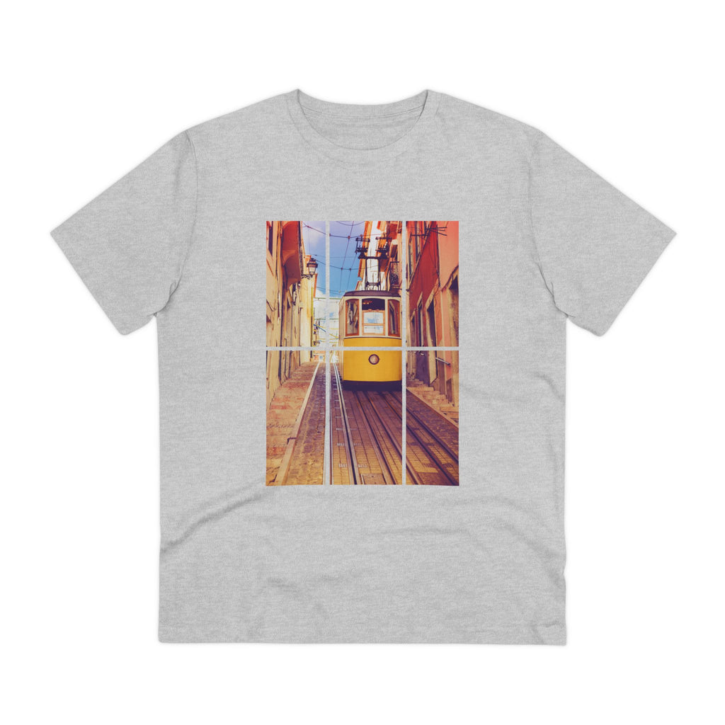 Grey Lisbon Tram T-shirt featuring a vibrant yellow tram design. Made from organic and eco-friendly fabric for a stylish and sustainable choice.