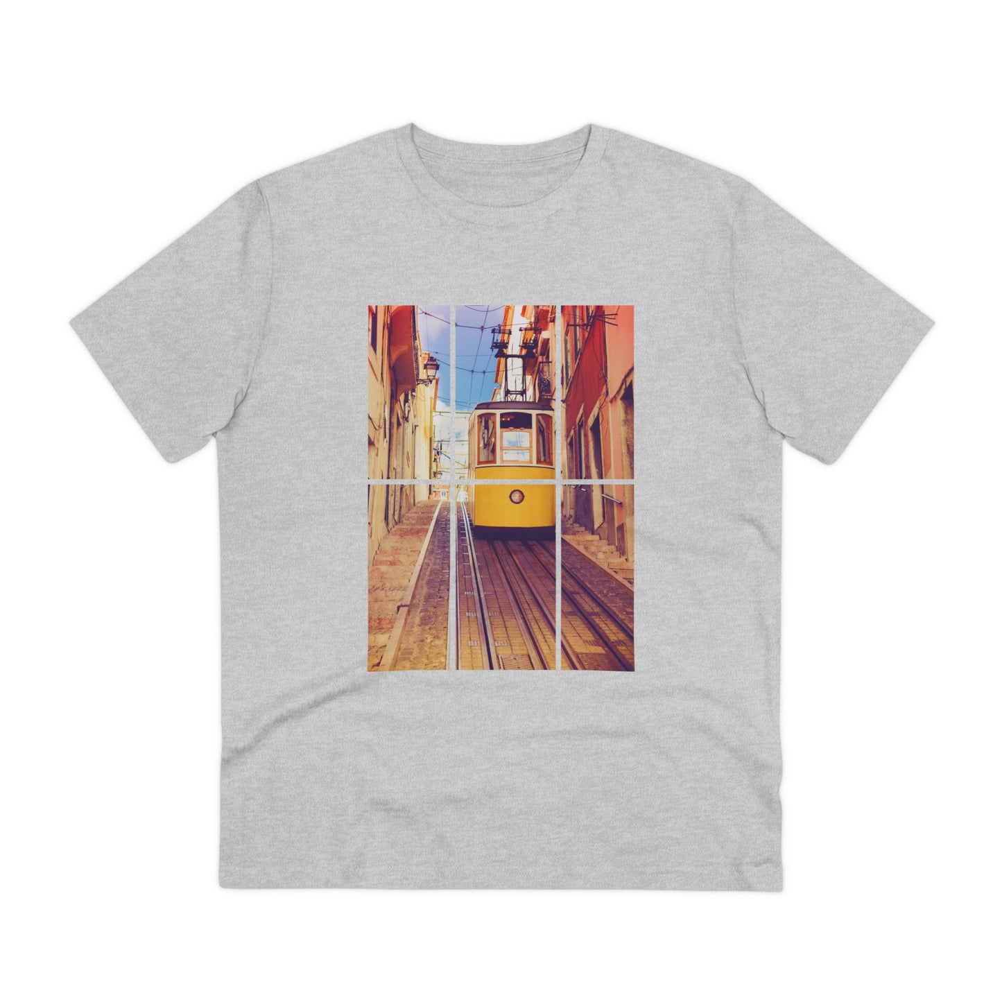 Grey Lisbon Tram T-shirt featuring a vibrant yellow tram design. Made from organic and eco-friendly fabric for a stylish and sustainable choice.