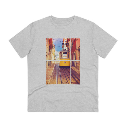 Grey Lisbon Tram T-shirt featuring a vibrant yellow tram design. Made from organic and eco-friendly fabric for a stylish and sustainable choice.