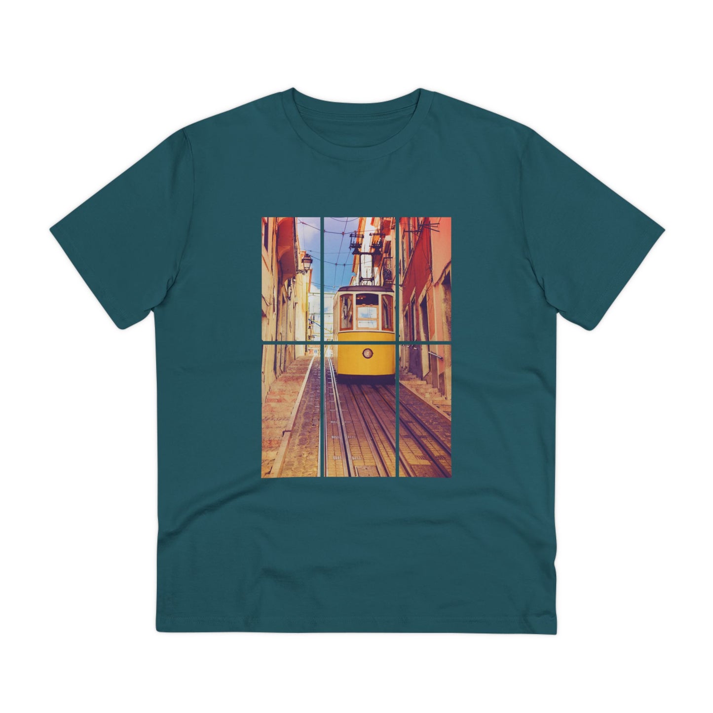 Teal Lisbon Tram T-shirt featuring a vibrant yellow tram design. Eco-friendly and organic cotton fabric for a comfortable and sustainable fit.