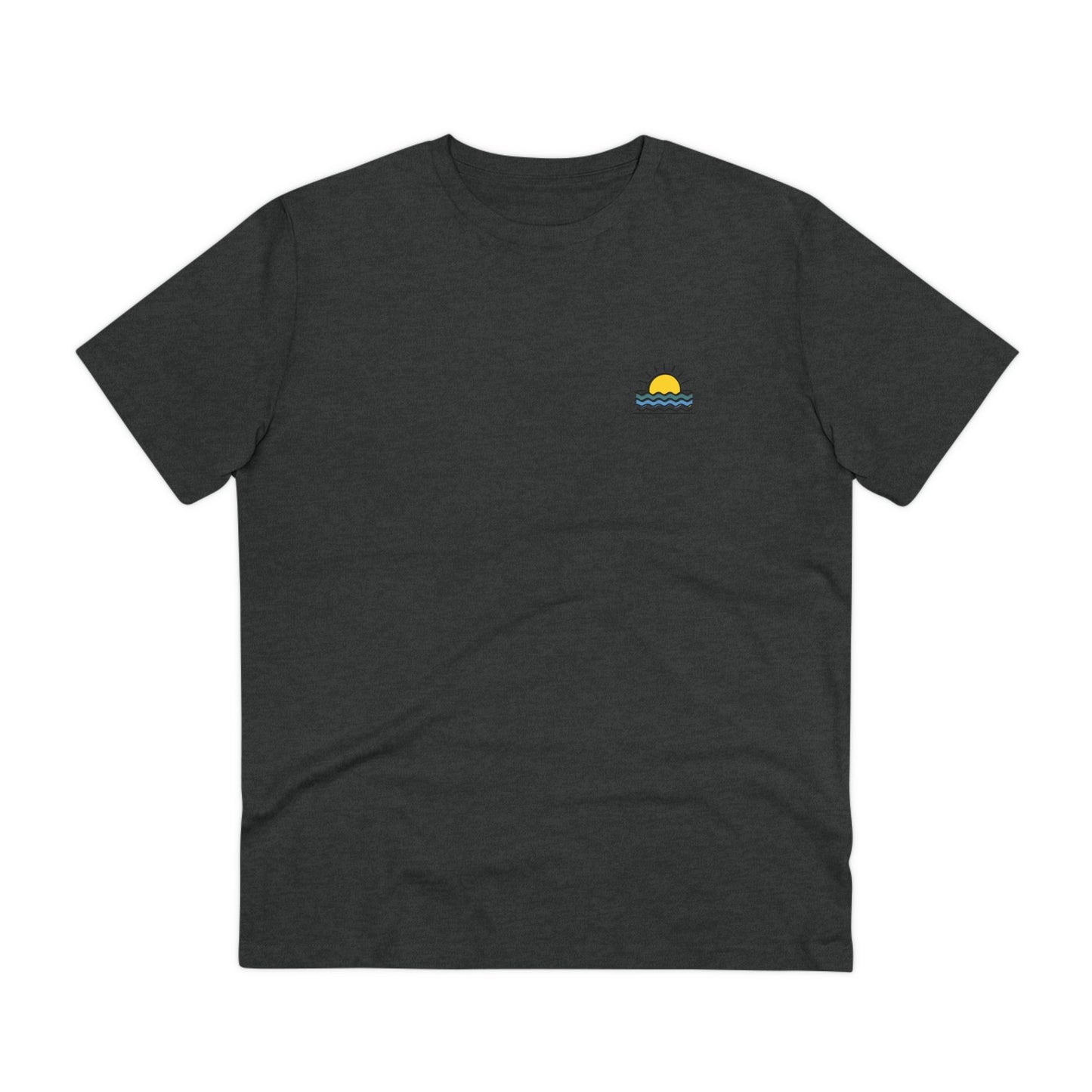 Close-up of the Sunset Logo on Organic T-Shirt, inspired by the Atlantic Ocean.