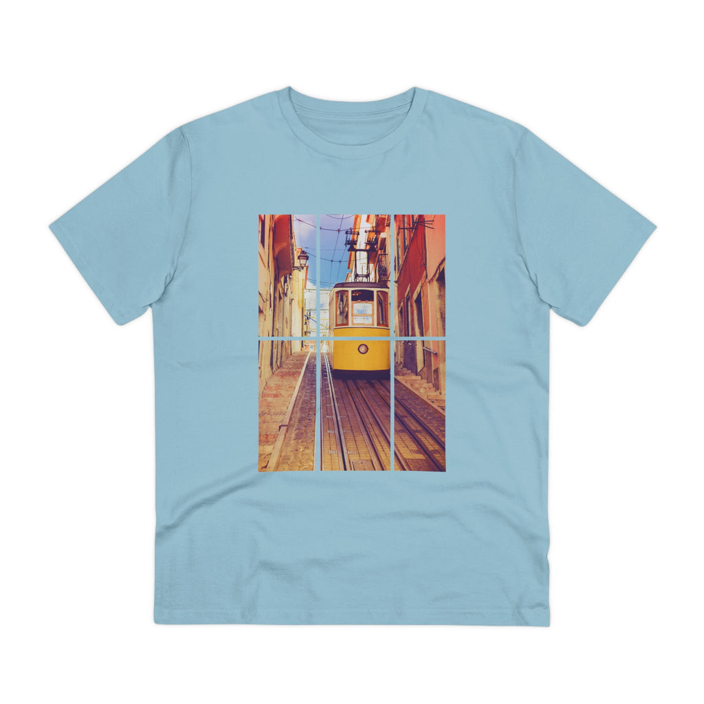 Light blue Lisbon Tram T-shirt featuring a vibrant yellow tram design. Eco-friendly and organic cotton fabric for a comfortable and sustainable fit.