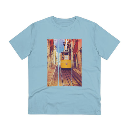 Light blue Lisbon Tram T-shirt featuring a vibrant yellow tram design. Eco-friendly and organic cotton fabric for a comfortable and sustainable fit.