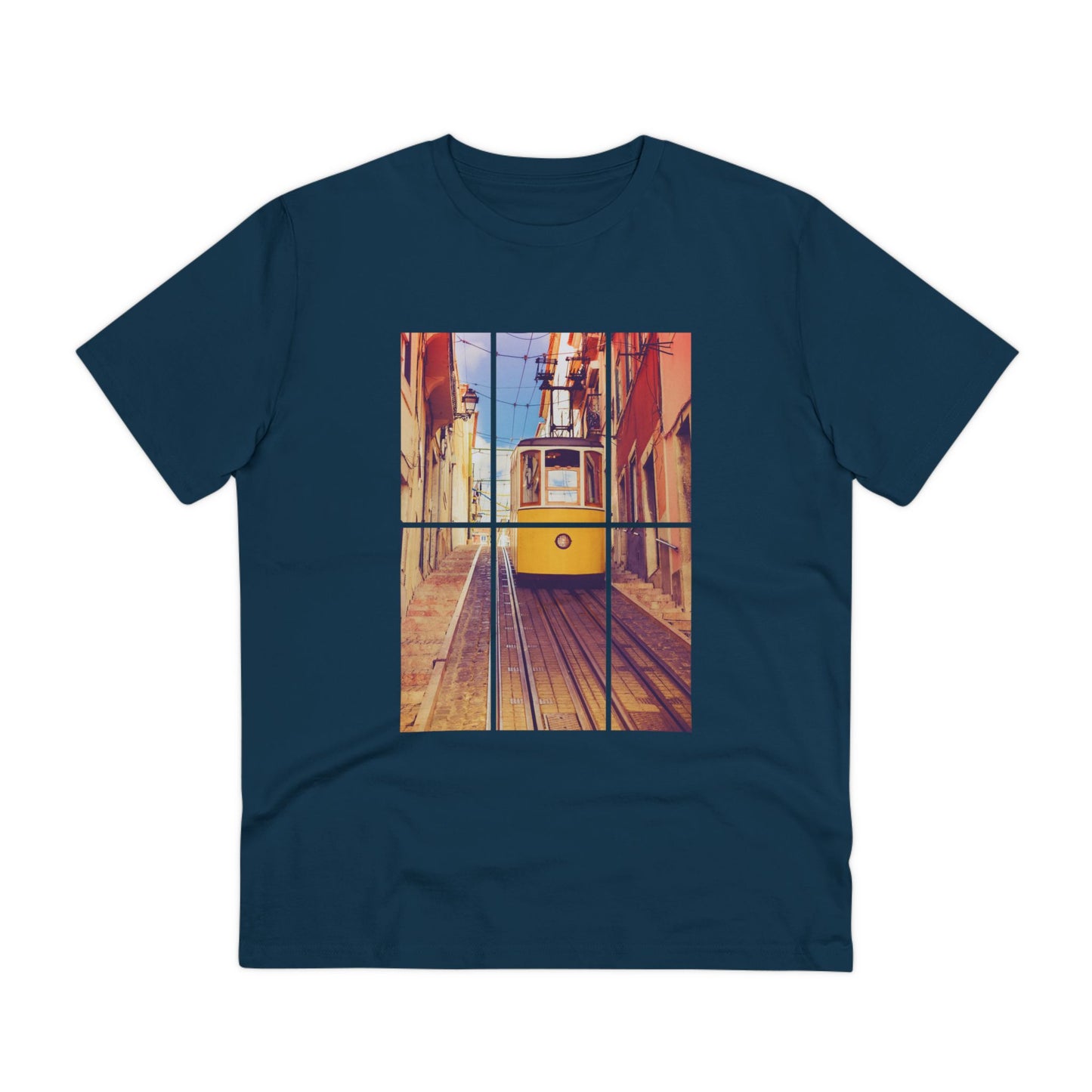 Navy blue Lisbon Tram T-shirt showcasing the iconic yellow tram design. Made from organic and eco-friendly fabric for a stylish and sustainable wardrobe.