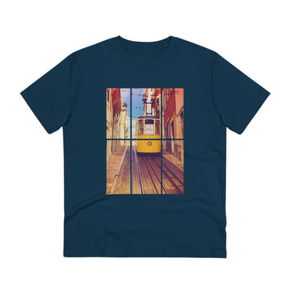 Navy blue Lisbon Tram T-shirt showcasing the iconic yellow tram design. Made from organic and eco-friendly fabric for a stylish and sustainable wardrobe.