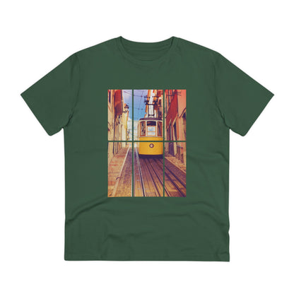 Green Lisbon Tram T-shirt with a bold yellow tram print. Crafted from organic and eco-friendly materials for a premium and sustainable fit.