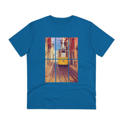 Royal blue Lisbon Tram T-shirt with a bold yellow tram print. Crafted from organic and eco-friendly materials for a premium and sustainable fit.