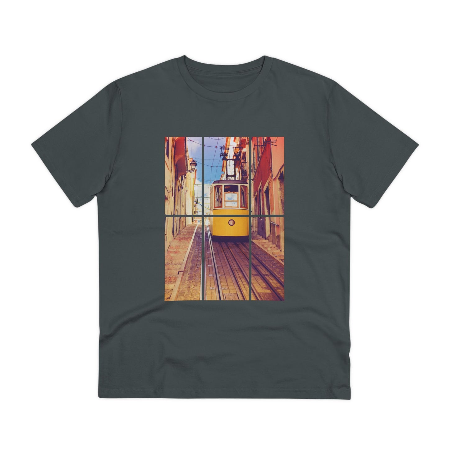 Dark green Lisbon Tram T-shirt with a bold yellow tram print. Crafted from organic and eco-friendly materials for a premium and sustainable fit.