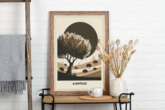 Alentejo Cork Tree Printed Poster in a wooden frame on a console table. A minimalist decor piece celebrating Portugal’s rustic landscapes.