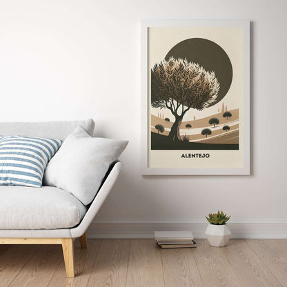 Framed Alentejo Cork Tree Printed Poster hanging above a modern sofa. A perfect addition to minimalist and rustic home decor.