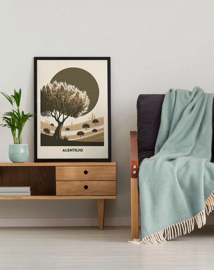 Framed Alentejo Cork Tree Printed Poster leaning against a wall on a wooden cabinet. A stylish and rustic artwork for modern interiors.