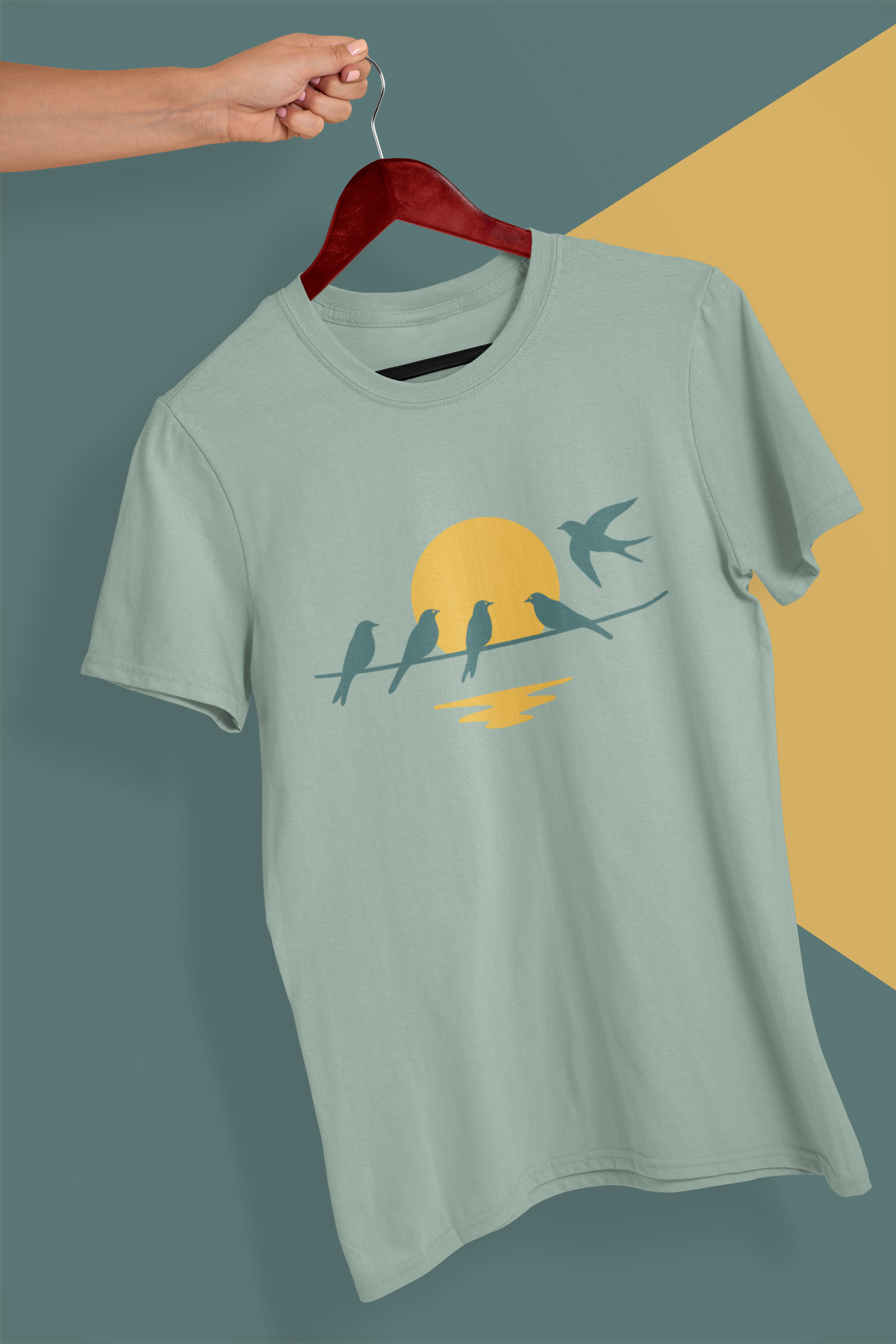 Artistic line drawing of birds flying at sunset.