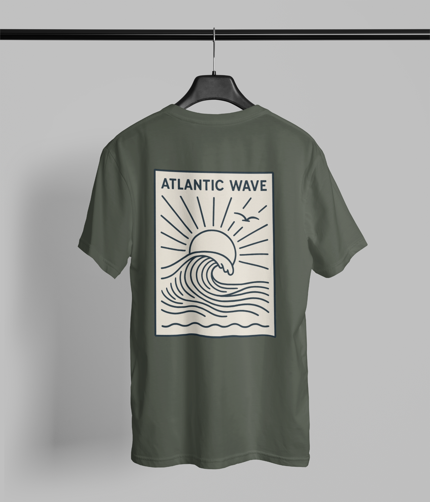 Unisex t-shirt with Atlantic Wave retro surf design on the front.