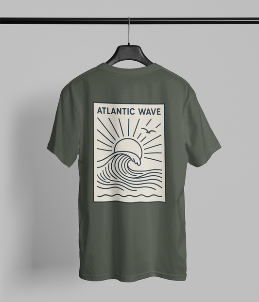 Unisex t-shirt with Atlantic Wave retro surf design on the front.