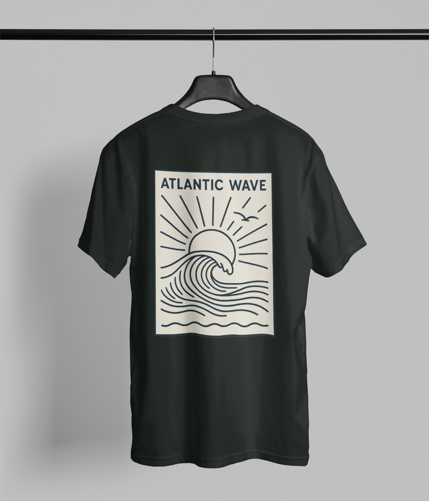 Minimal surfboard back print on soft organic cotton shirt.