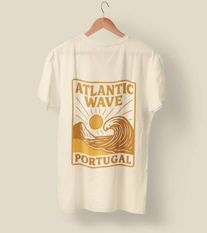Organic white cotton t-shirt with vintage-style Atlantic Wave Portugal graphic, eco-friendly gift idea.