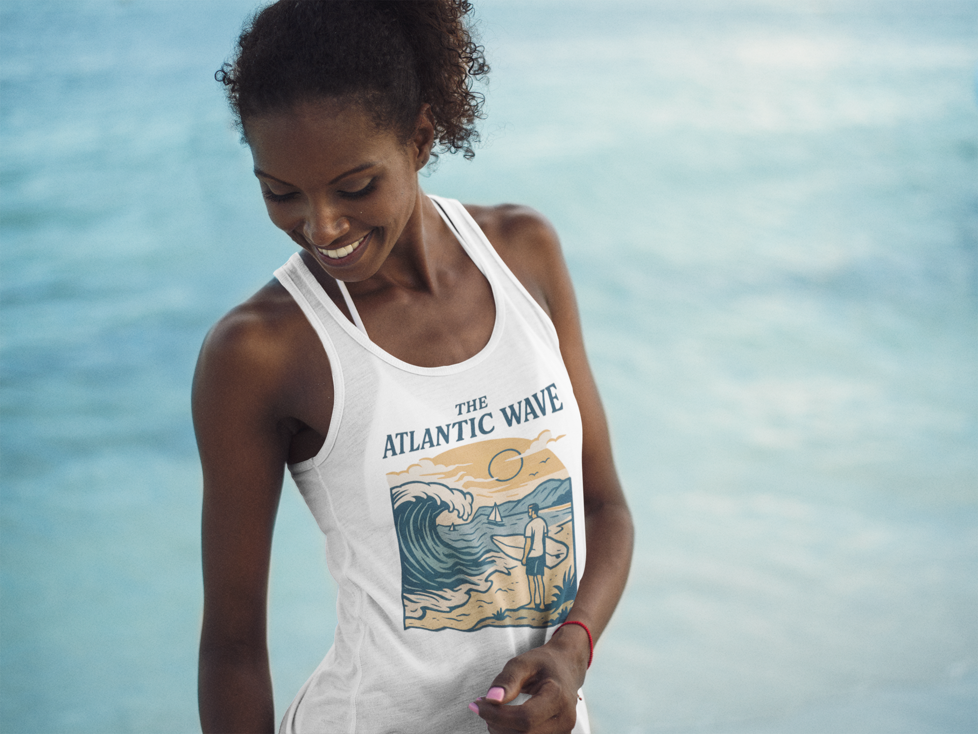 Woman wearing white organic cotton surf tank top with vintage logo.