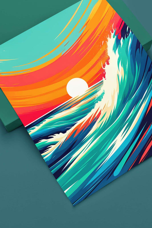 Costa Vicentina printed poster featuring vibrant ocean waves and a sunset. Perfect surf decor for modern interiors and sea lovers.