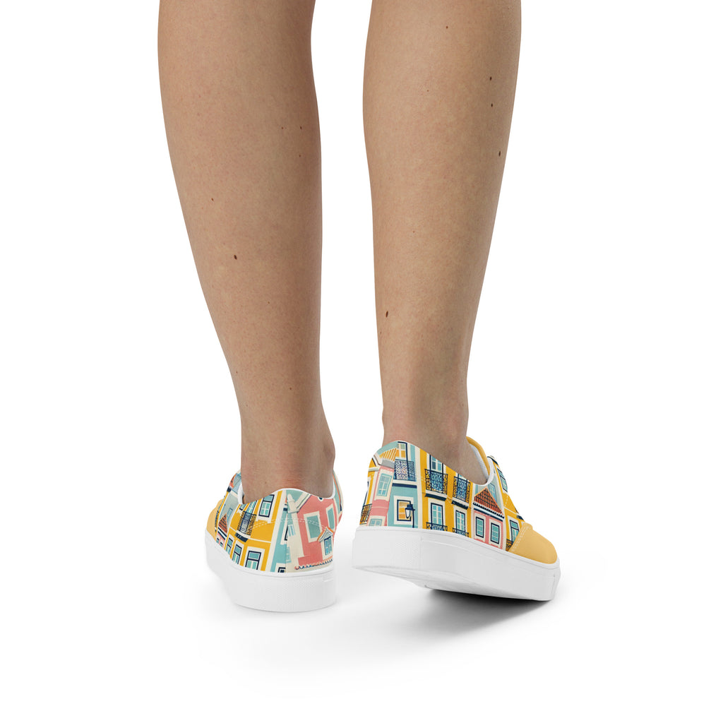 Back view of Lisbon's Alfama Sneakers, highlighting the colorful Lisbon house pattern. A unique and stylish unisex sneaker design.
