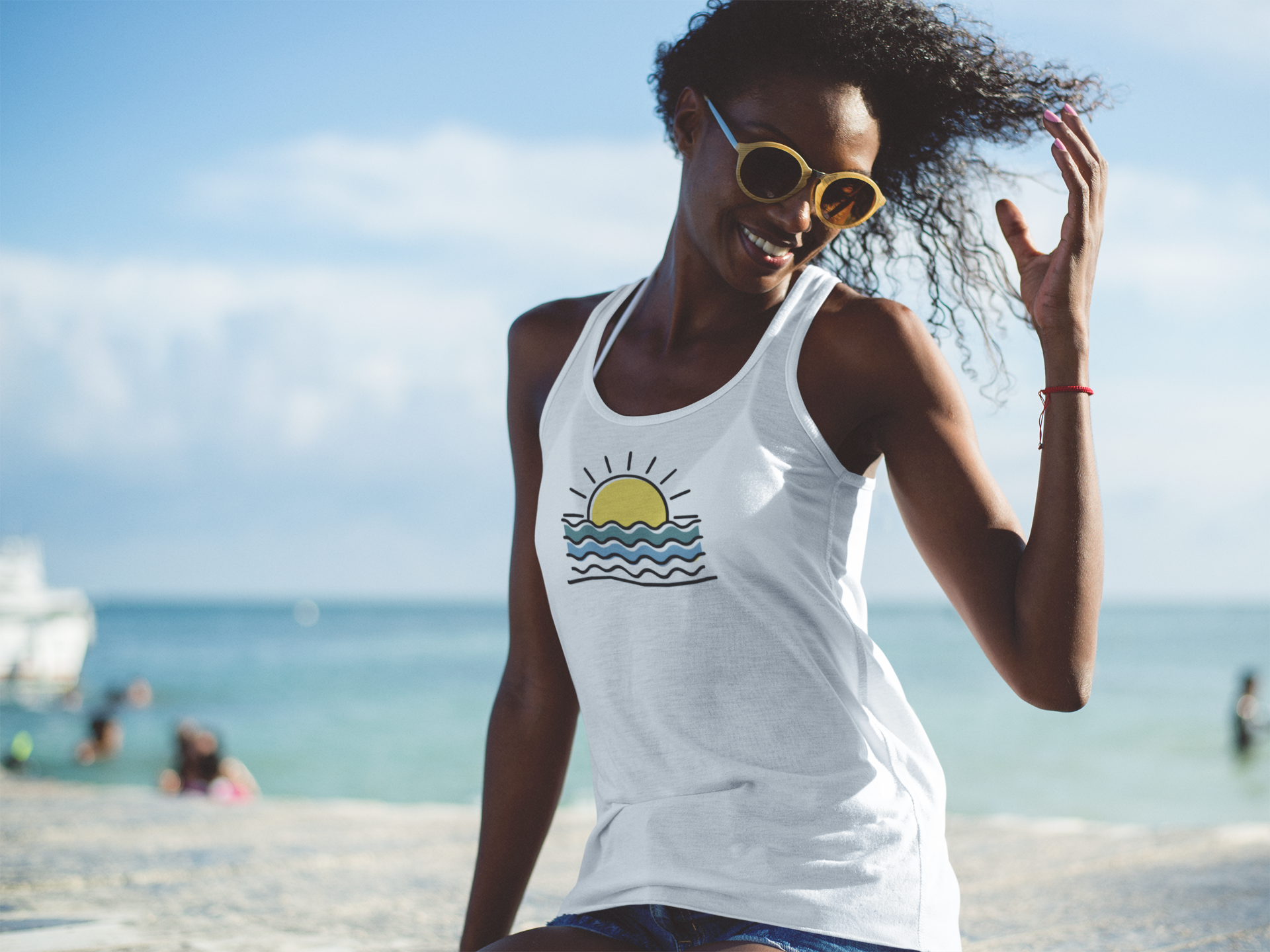 Close-up of the Sunset Logo on Organic Tank Top for Women, inspired by the Atlantic Ocean.