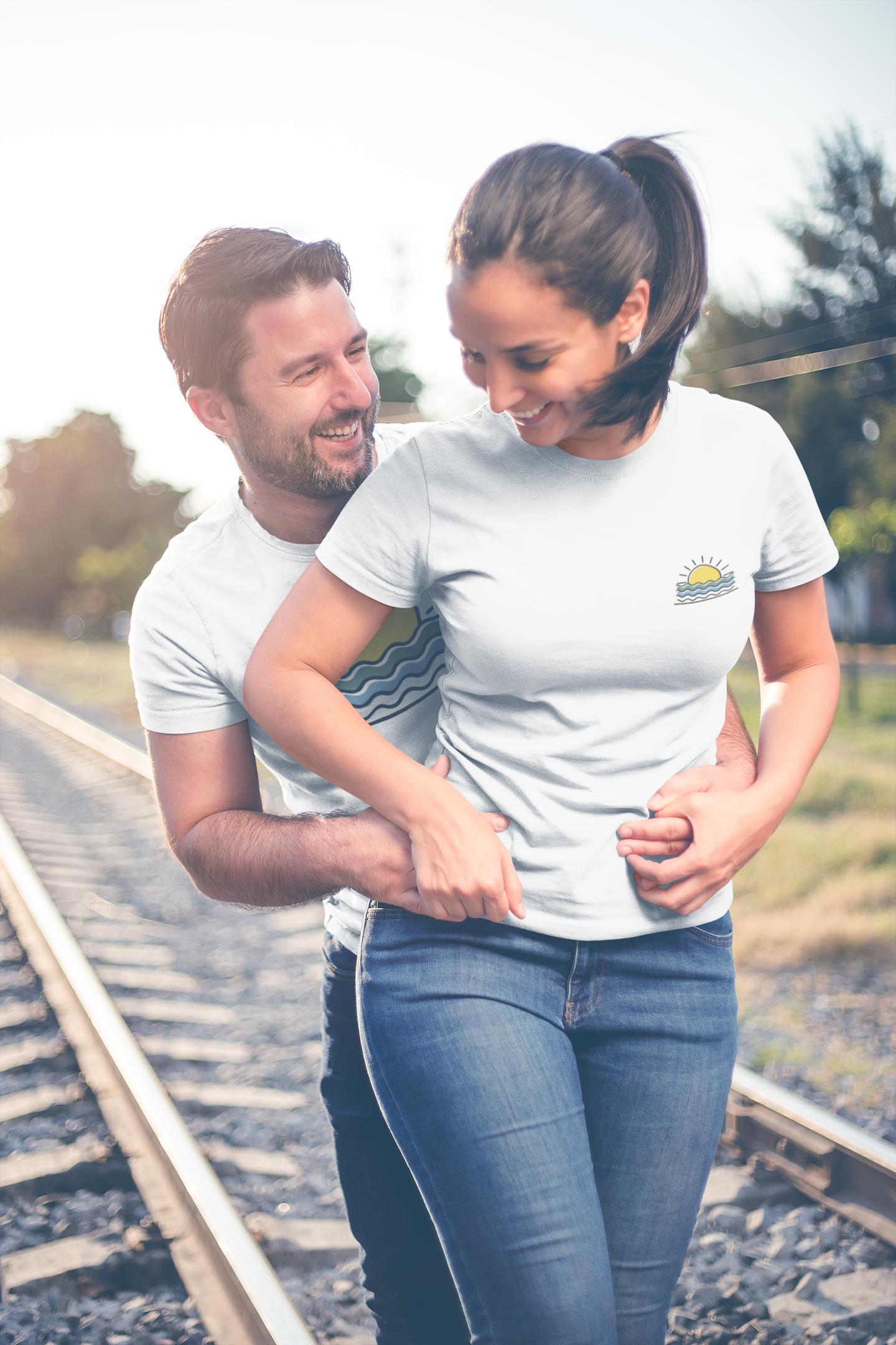 Side view of the Unisex Sunset Over the Atlantic T-Shirt, highlighting its relaxed fit.