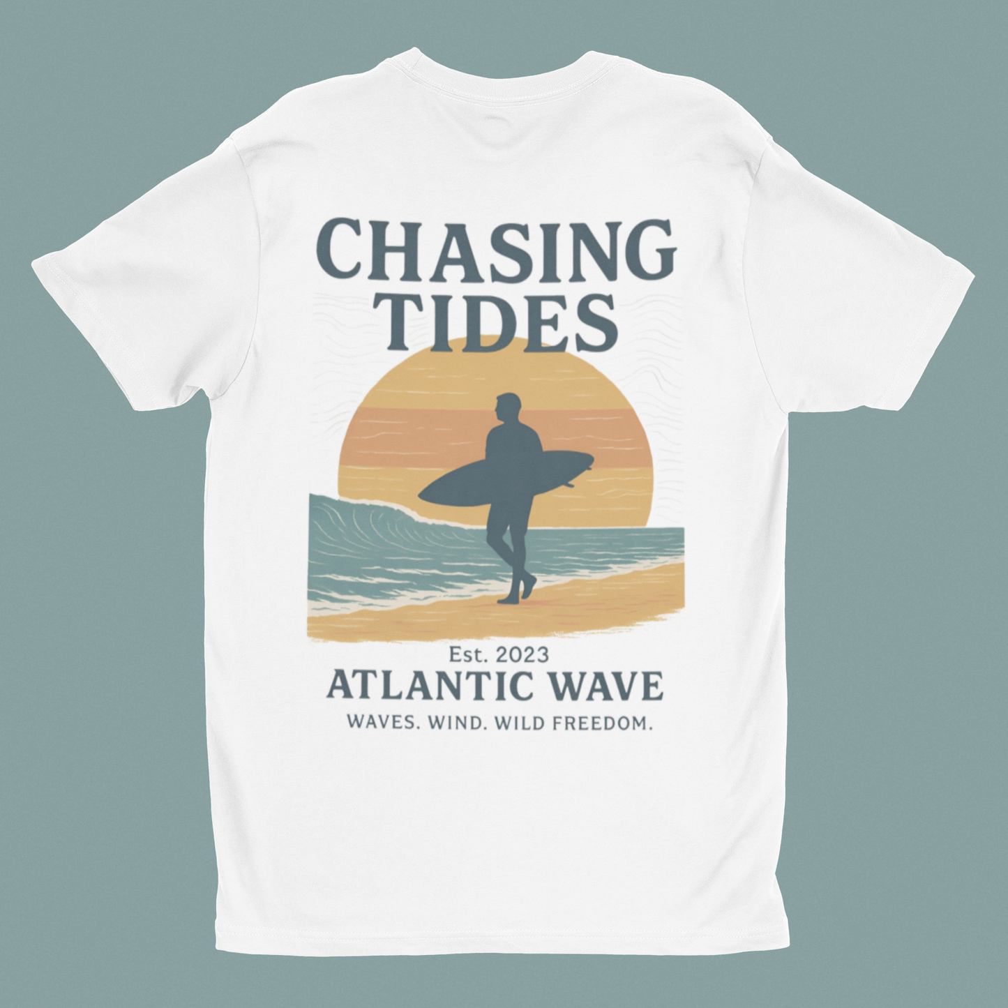 Front view of the Ride the Waves T-Shirt with bold surfing logo.