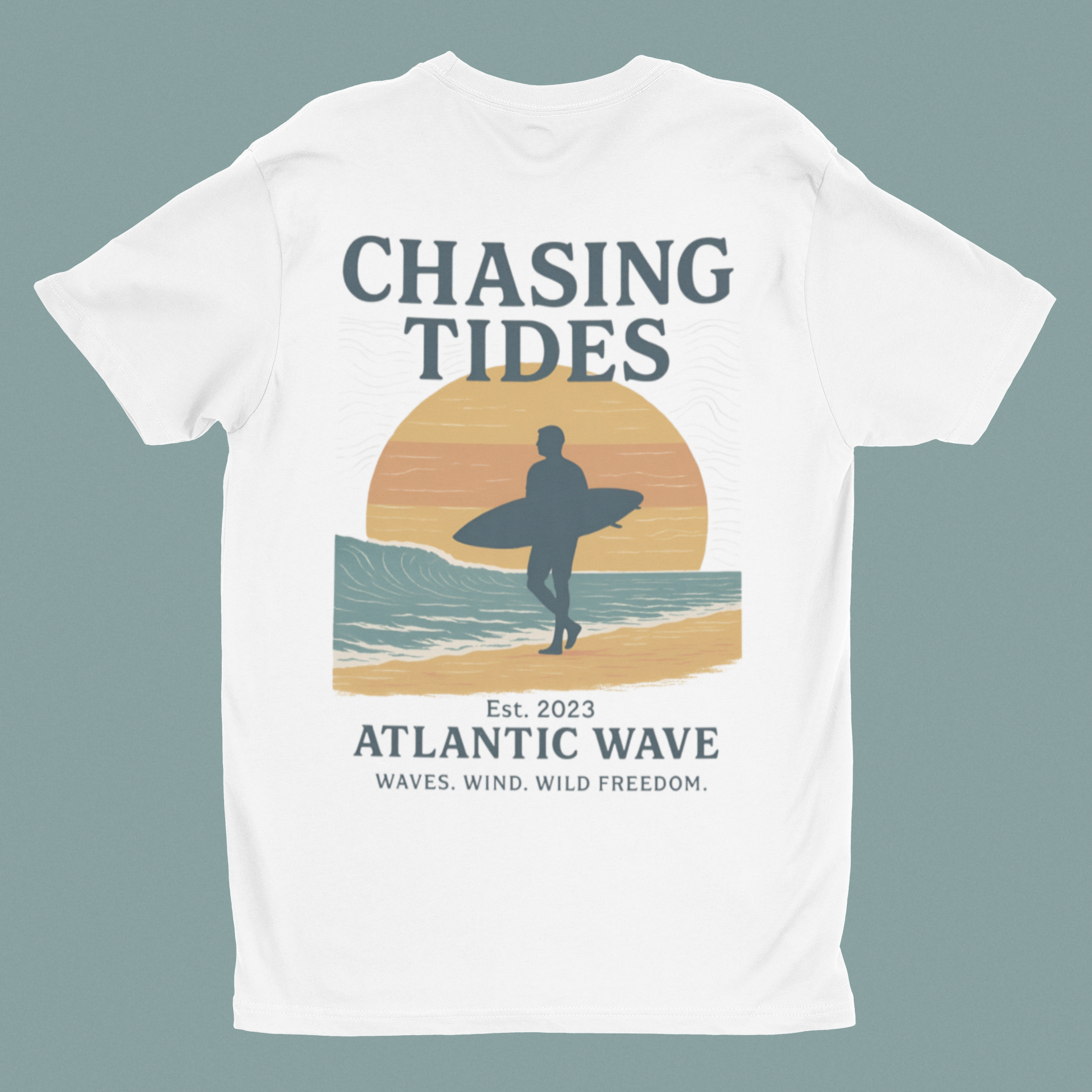 Front view of the Ride the Waves T-Shirt with bold surfing logo.