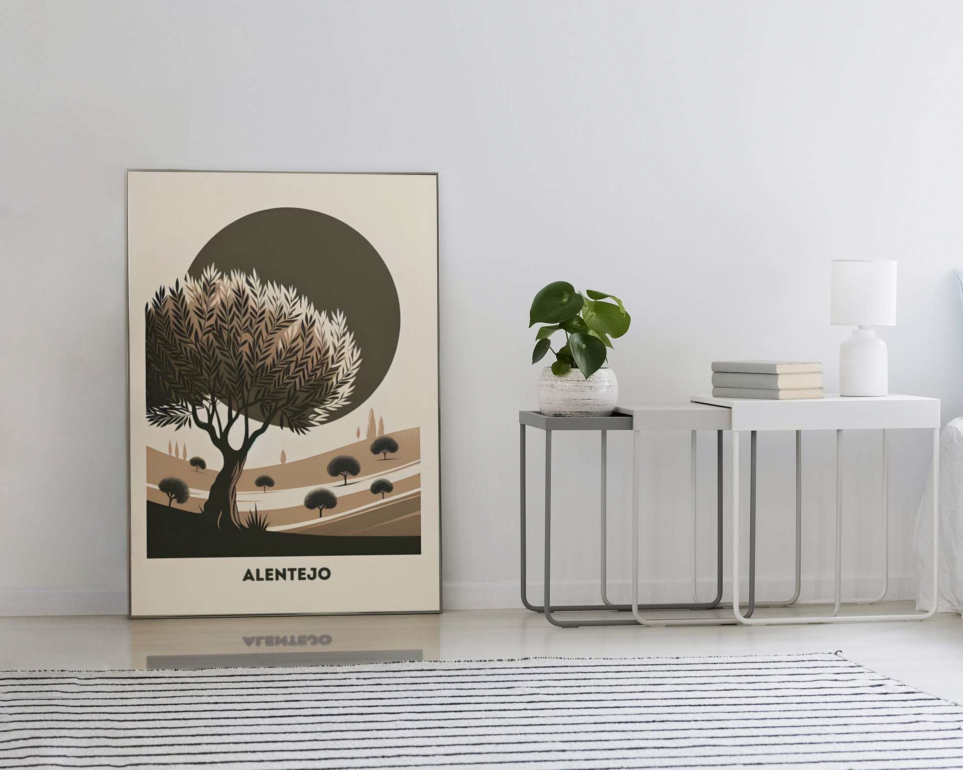 Large Alentejo Cork Tree Printed Poster leaning against a white wall in a modern living space. A minimalist and nature-inspired decor piece.